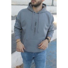 Unisex Füme Göğüs Dikey Baskılı Kapşonlu Oversize Sweatshirt