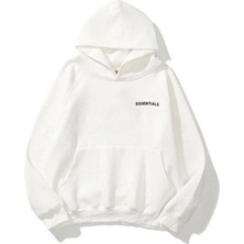 Unisex Beyaz Essantial Baskılı Oversize Kapşonlu Sweatshirt