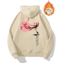 Unisex Bej Japon Ağacı  Baskılı Oversize Kapşonlu Sweatshirt