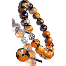 Tesbih Atölyesi Sertifikalı Turuncu - Siyah Tibet  Akiği Taşı Bileklik - Gümüş Aparatlı