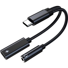 Flameer 2 Arada 1 USB C Ila 3.5mm Aux Sesli Kulaklık Şarj Cihazı Adaptörü PD60W Kordon Siyah