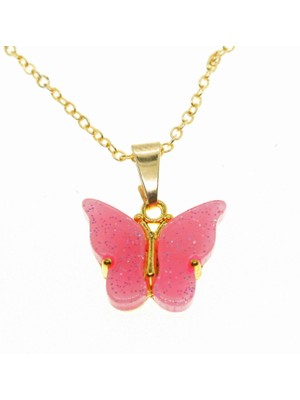 X-lady Accessories Altın Renk Zirkon Taşlı Pembe  Kelebek Kolye - 1879