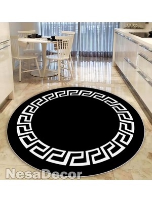 Nesa Decor Beyaz Çerçeveli Siyah Yunan Anahtarı Sembol Halı Kaymaz Taban Salon Mutfak Koridor Halısı