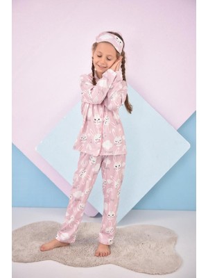 Lolli Boom Kids  Kız Çocuk Pembe Renk Tavşan Desenli Baskılı Pijama Takımı Göz Bandı Hediyeli