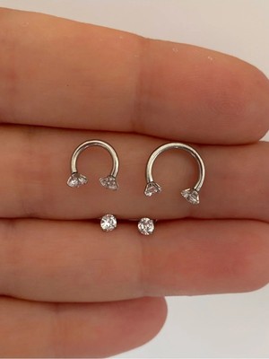 Ares Collection Cerrahi Çelik Iki Ucu Taşlı Tragus Helix Kıkırdak Lobe Uyumlu Piercing Küpe