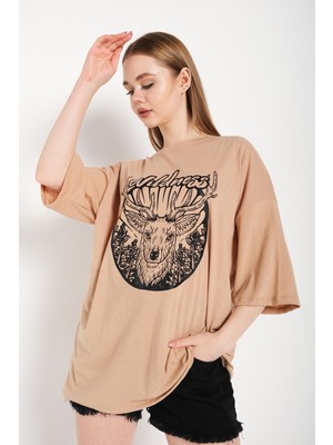 Trendseninle Kadın Wildness Baskılı Oversize Tshirt