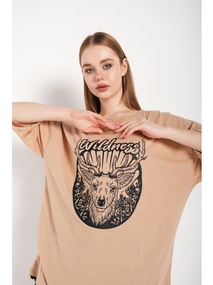 Trendseninle Kadın Wildness Baskılı Oversize Tshirt