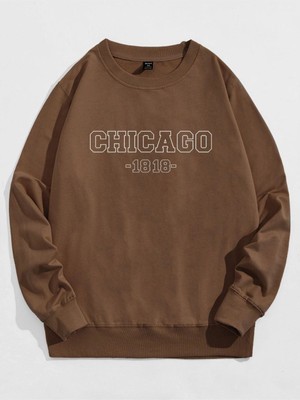 Unisex Kahverengi Chicago Baskılı Bisiklet Yaka Oversize Sweatshirt