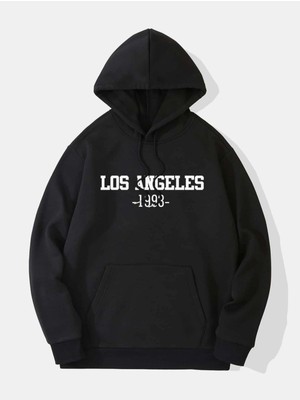 Unisex Siyah Los Angeles Baskılı Oversize Kapşonlu Sweatshirt