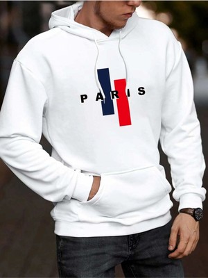 Erkek Beyaz Dik Paris Baskılı Kapüşonlu Sweatshirt