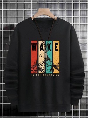 Unisex Siyah Wake Baskılı Bisiklet Yaka Oversize Sweatshirt