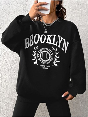 Unisex Siyah Brooklyn Baskılı Bisiklet Yaka Oversize Sweatshirt