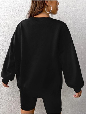 Unisex Siyah Brooklyn Baskılı Bisiklet Yaka Oversize Sweatshirt