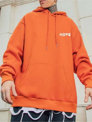 Unisex Turuncu Hope Baskılı Oversize Kapşonlu Sweatshirt