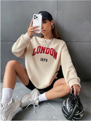 Unisex Bej London Baskılı Bisiklet Yaka Oversize Sweatshirt