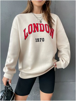 Unisex Bej London Baskılı Bisiklet Yaka Oversize Sweatshirt