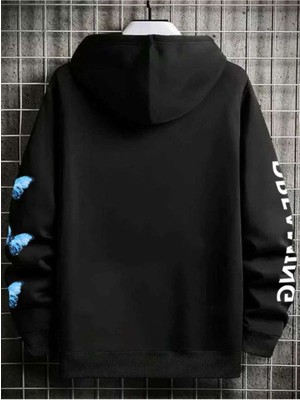 Unisex Siyah Dream Kelebek Baskılı Kapşonlu Oversize Sweatshirt