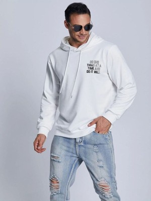 Unisex Beyaz  Sırt Baskılı Kapşonlu Oversize Sweatshirt