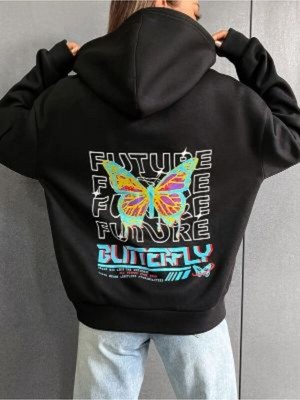 Unisex Siyah Future Sırt Baskılı Kapşonlu Oversize Sweatshirt