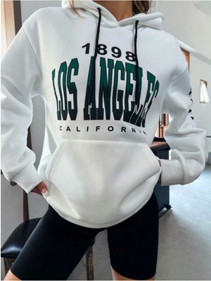 Unisex Beyaz Los Angeles Kol Baskılı Kapşonlu Oversize Sweatshirt