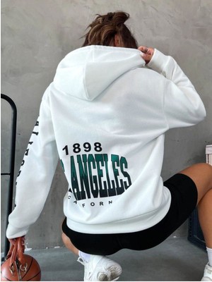 Unisex Beyaz Los Angeles Kol Baskılı Kapşonlu Oversize Sweatshirt