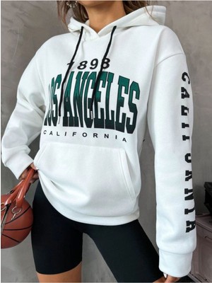 Unisex Beyaz Los Angeles Kol Baskılı Kapşonlu Oversize Sweatshirt