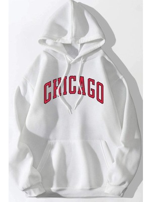 Unisex Beyaz Chicago Baskılı Oversize Kapşonlu Sweatshirt