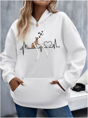 Unisex Beyaz Kedi Baskılı Oversize Kapşonlu Sweatshirt