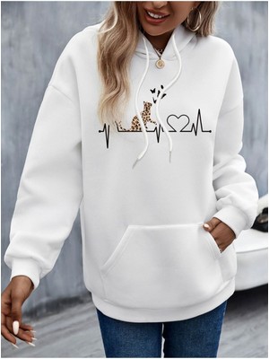 Unisex Beyaz Kedi Baskılı Oversize Kapşonlu Sweatshirt