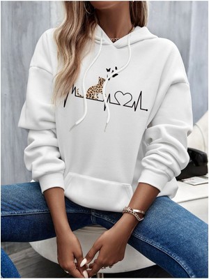 Unisex Beyaz Kedi Baskılı Oversize Kapşonlu Sweatshirt