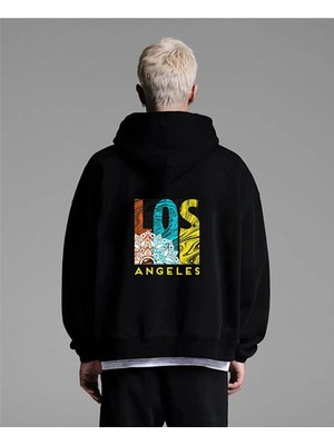 Unisex Siyah Los Angeles  Oversize Kapşonlu Sweatshirt