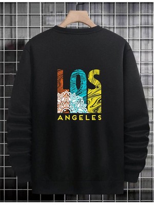 Unisex Siyah Los Angeles  Oversize Bisiklet Yaka  Sweatshirt