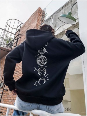 Unisex Siyah Galaksi Baskılı Oversize Kapşonlu Sweatshirt