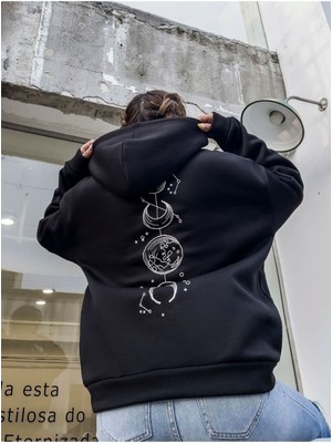 Unisex Siyah Galaksi Baskılı Oversize Kapşonlu Sweatshirt