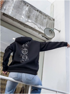 Unisex Siyah Galaksi Baskılı Oversize Kapşonlu Sweatshirt