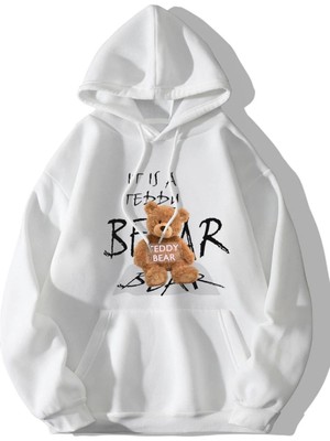 Unisex Beyaz Bear Ayı Baskılı Oversize Kapşonlu Sweatshirt