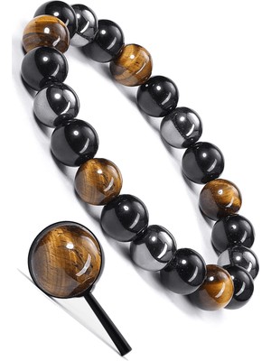 Tesbih Atölyesi Sertifikalı Trio Enerji Doğal Kaplan Gözü Obsidyen Hematit Taşı Bileklik