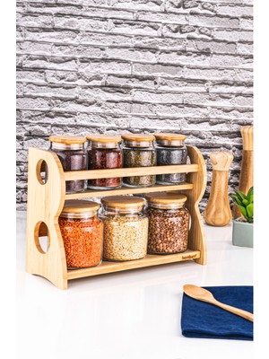 Bambum 8 Parça 2 Katlı Standlı Baharatlık Seti Bambu Malzeme ile Şık Mutfak Dekoru için Tasarlandı
