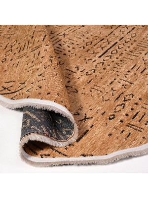 Çam Halı Crea Decolux Vena 8013 Hardal Daire Özel Kaymaz Tabanlı Pamuk Dokuma Kilim