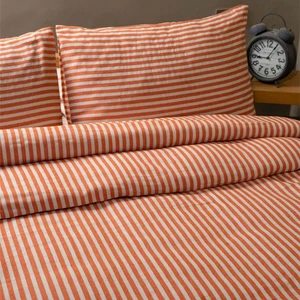 Turuncu Çizgili Keten Çift Kişilik Nevresim Yastık Seti 200x220 Cm