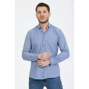 Erkek King Mavi Çift Cepli Klasik Kesim Kareli Uzun Kol Gömlek