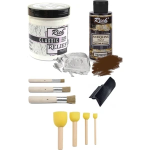 Rich Rölyef Pasta Klasik 350 gr Beyaz Eskitme Boyası Stencil Fırça 4'lü Ponpon Fırça Doku Tarağı Set
