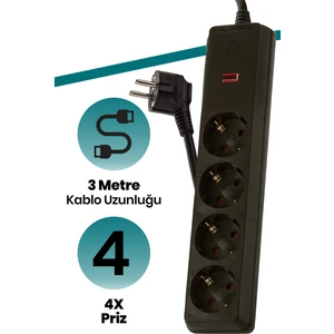 Sp-404 3 Metre 4 Yollu Akım Korumalı Priz