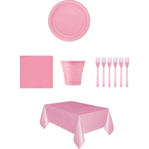 Tinky Winky Pembe Renk Plastik Tabak, Bardak, Çatal, Peçete ve Tek Kullanımlık Masa Örtüsü Seti