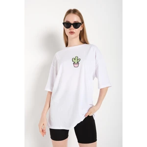Kadın Cactus Logo Baskılı Oversize T-Shirt