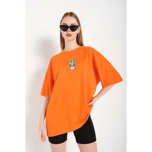 Kadın Cactus Logo Baskılı Oversize T-Shirt