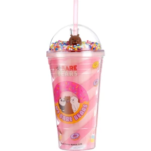 We Bare Bears Lisanslı Boncuklu Pipetli Plastik Şişe 480 ml - Pembe