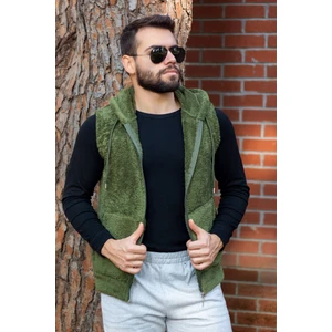 Azıcık Akıllı Erkek Haki Peluş Yumoş Fermuarlı Kapüşonlu Yelek 22EYLKPELO