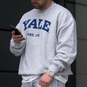 Unisex Gri Yale Baskılı Bisiklet Yaka Oversize Sweatshirt