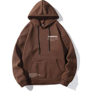 Unisex Kahverengi Happiest Baskılı Oversize Kapşonlu Sweatshirt